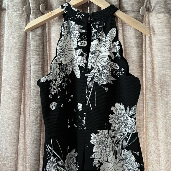 Aqua Black and White Floral Print High Neck Scallop Trim Fit & Flare Dress Large - Picture 10 of 14